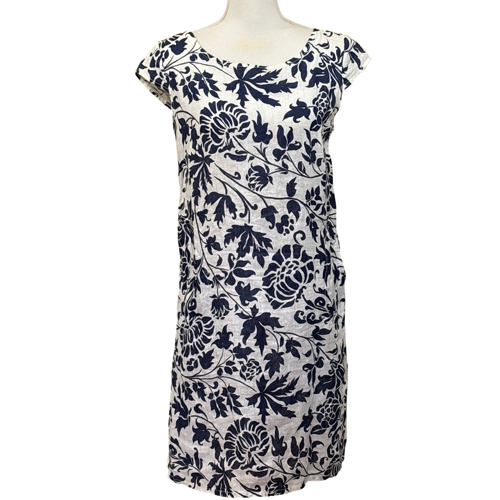 Charlie B Linen Floral Shift Dress Navy White, Italy, medium, coastal, everyday